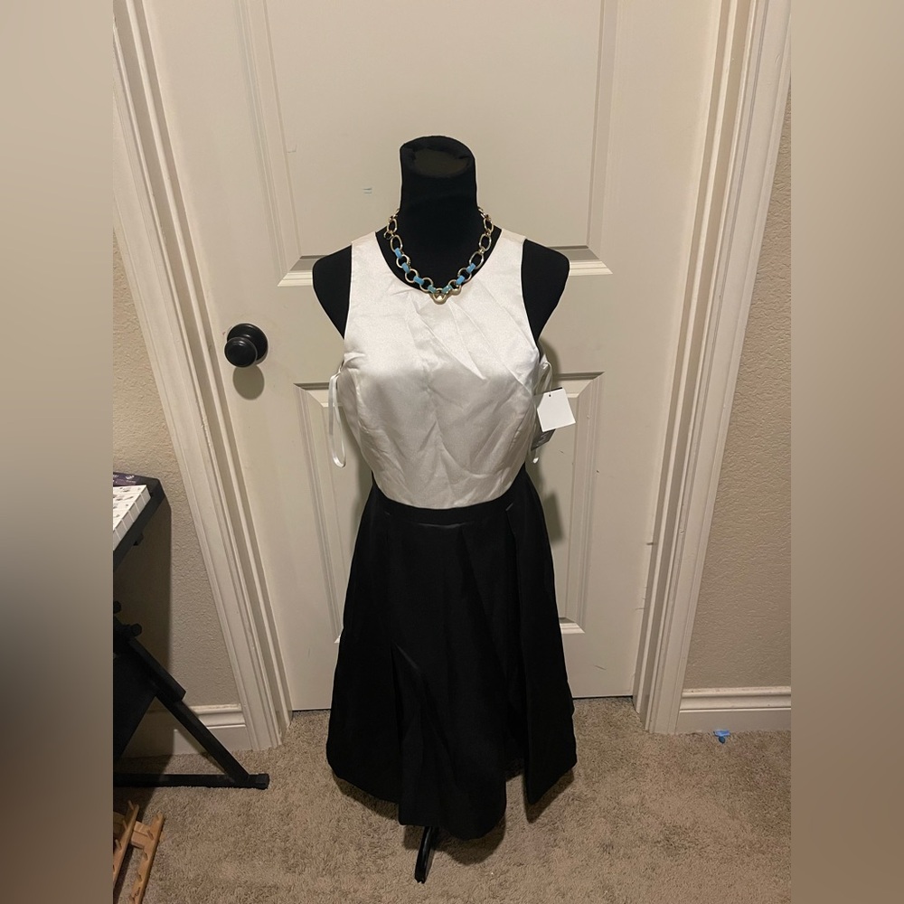 Xscape Black and White Halter Midi Dress